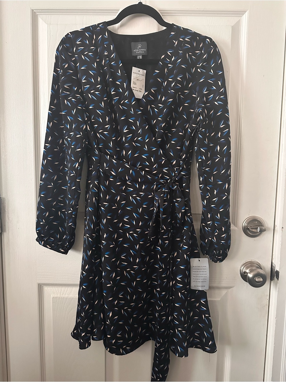 Adrianna Papell Black Wrap Dress with Blue & Cream Accents